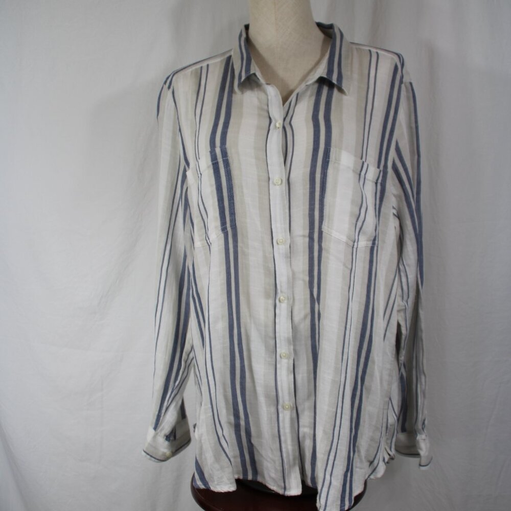 Lucky Brand Long Sleeve Shirt Women's XL Blue White Stripe Button Up Collared